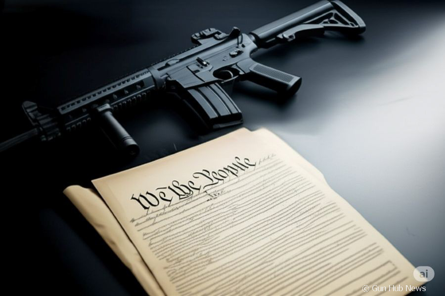 The US constitution on a black table with an AR-15 laying on the table above it. 