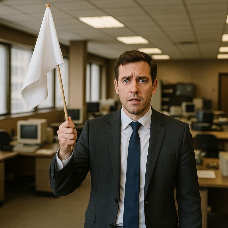 A man holding up a white flag in an office. 