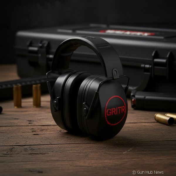 A black pair of shooting hear muffs on a wood floor with a case behind hit and some bullets lying next to it.