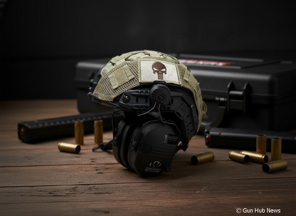A camo helmet with earmuffs attached to it.